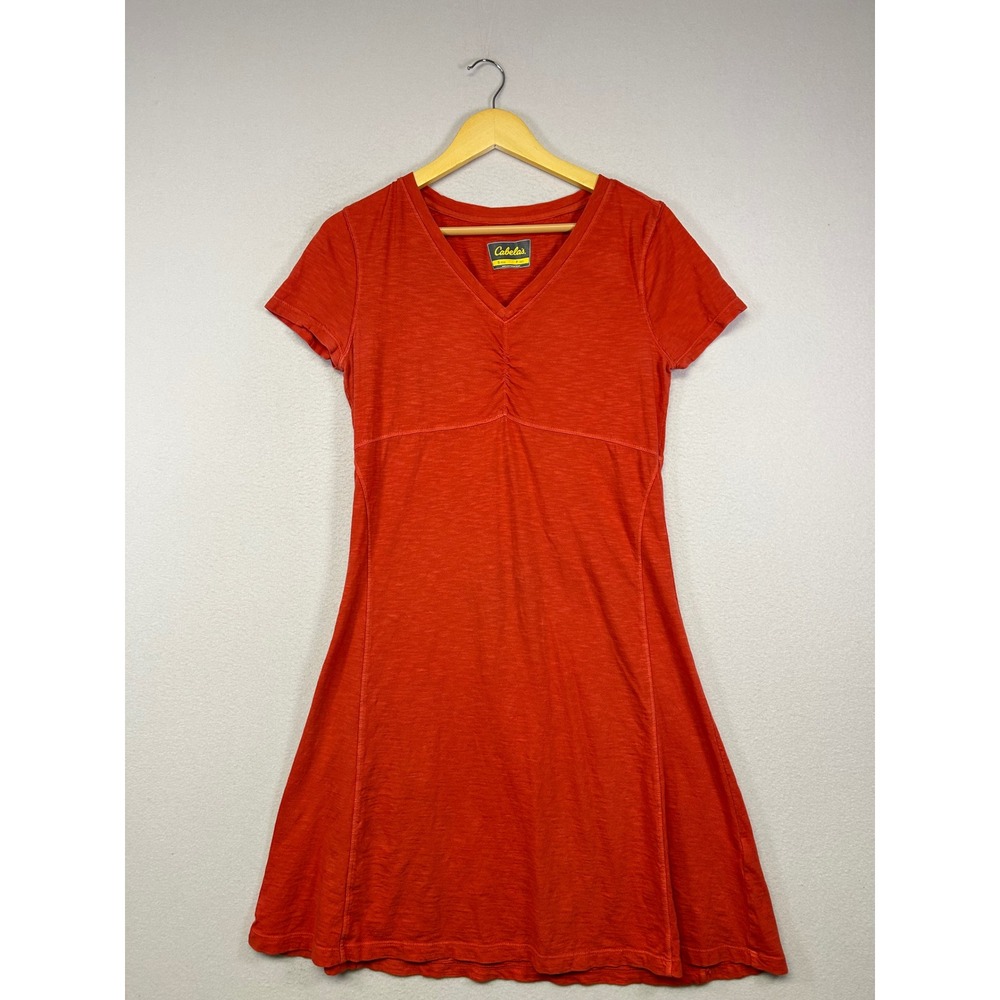 Gorpcore Cabelas Womens Small Orange Red Cotton Slub V-Neck A-Line T-Shirt Dress